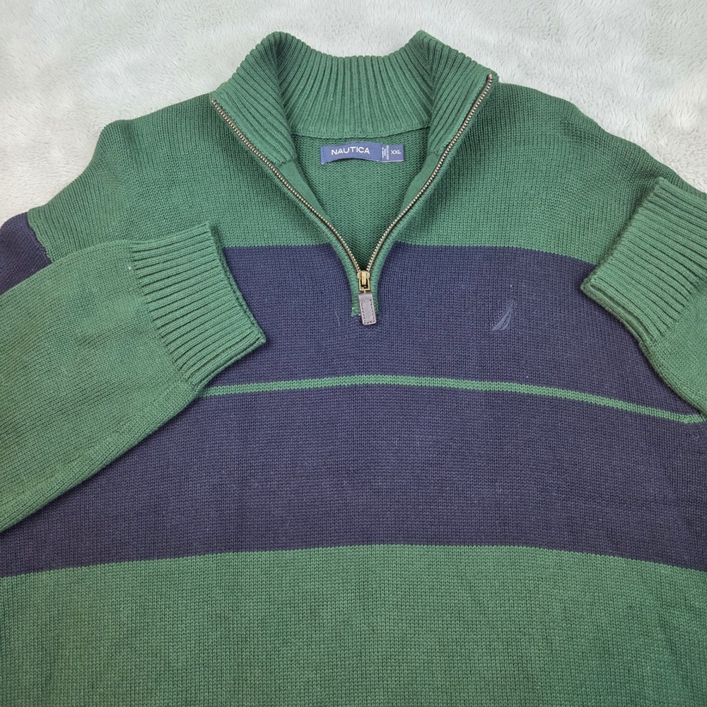 Nautica‎ Sweater Mens XXL Quarter Zip Striped Knit Green Navy Blue 100% Cotton